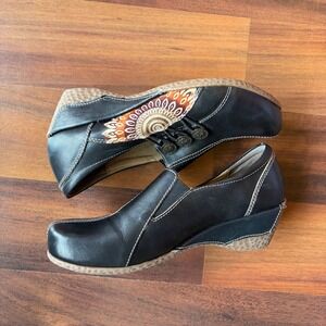 Spring Step LArtiste Black Leather Hand Painted Mandala Wedge Loafers womens 36